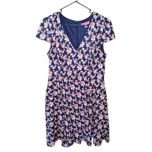 Betsey Johnson midi dress like new, navy blue with flowers, aline size 12
